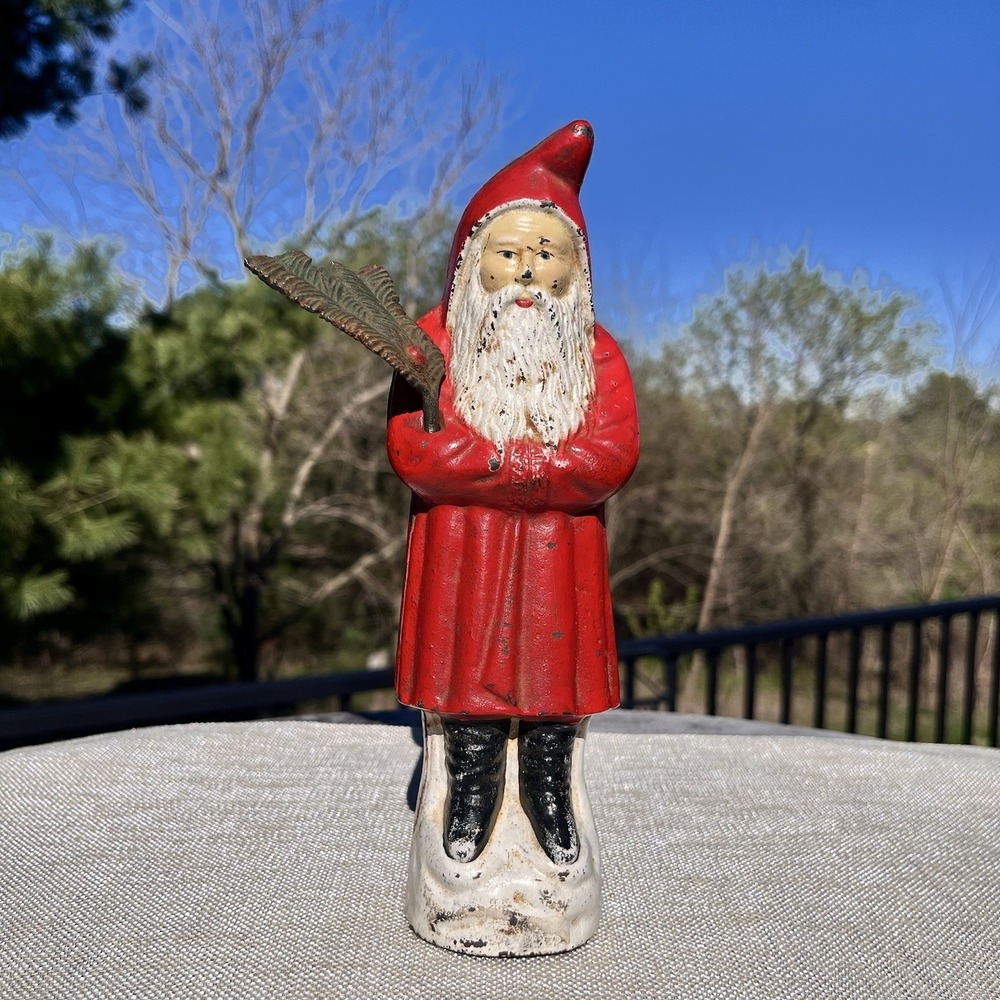 Vintage Santa Claus Cast Iron Still Bank 9"H Heavy Red Coat Christmas Tree Bough
